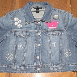 Venezia Blue Jean Jacket with Floral Jewels and Pink Crown